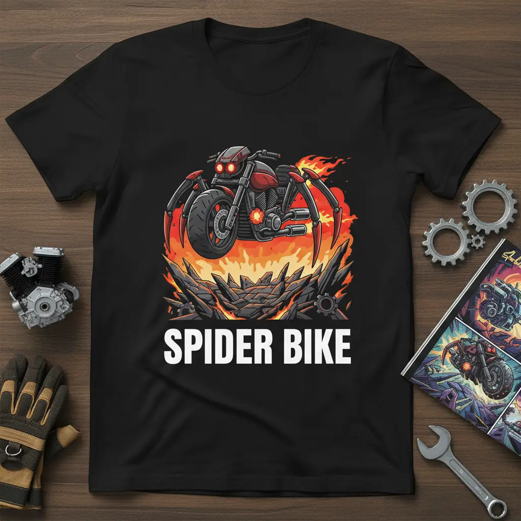 Spider Bike graphic t-shirt design with a motorcycle and spider legs in fire