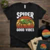 Spider Good Vibes t-shirt with a cartoon jumping spider and retro sunset graphic