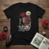 彼岸花 Spider Lily t-shirt with Japanese ukiyo-e skull graphic and red flowers