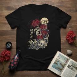 彼岸花 Spider Lily t-shirt with Japanese ukiyo-e skull graphic and red flowers