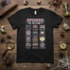 Spiders Of The Planet T-Shirt featuring a grid of 12 illustrated spider species with their names