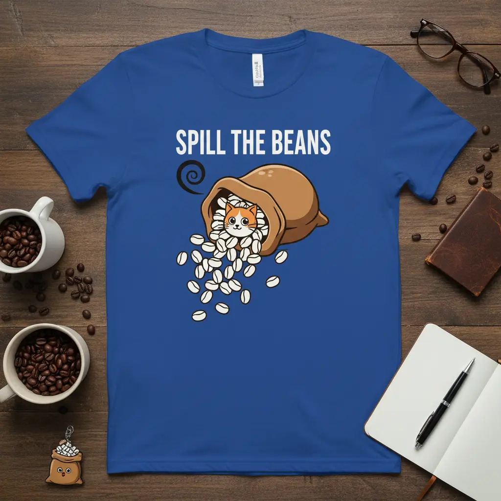 Spill the Beans quote with cute cat and coffee beans graphic on a blue t-shirt