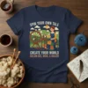 Navy t-shirt with "Spin Your Own Tale Create Your World Dream Big, Wool S Bigger" text and a woman spinning