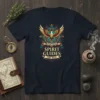 Spirit Guides The Way t-shirt design with a colorful phoenix, shield, and banner, in a mystical style
