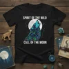 Spirit of the Wild Call of the Moon t-shirt design with a colorful, patterned wolf howling at a large moon