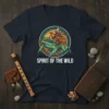 Spirit of the Wild t-shirt design showing a person riding a frog within a circular graphic