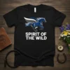 Spirit of the Wild text with a blue winged horse graphic on a black t-shirt