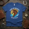 Spirit of the Wild Untamed Beauty text with a brown horse graphic on a blue t-shirt
