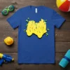 Blue t-shirt with bold yellow graffiti text reading "Splash" in green water droplet accents, primary keyword "Splash"