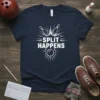 Navy blue t-shirt with white text "SPLIT HAPPENS" above a bowling ball graphic, with bowling pins and radiating lines