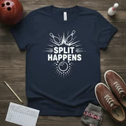 Navy blue t-shirt with white text "SPLIT HAPPENS" above a bowling ball graphic, with bowling pins and radiating lines