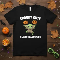 Spooky Cute Alien Halloween T-Shirt with a baby alien and pumpkins design, perfect for holiday apparel