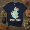 Spooky Friend Halloween t-shirt design with a cute ghost holding a lantern and wearing a floral bow