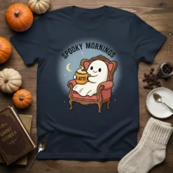 Spooky Mornings Latte Ghost T-Shirt with a cute ghost sitting in a chair holding a latte, perfect for Halloween coffee