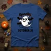Spooky October 31 t-shirt design with a cool ghost wearing sunglasses and bats, set against a spiderweb graphic