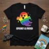 Spooky & Proud rainbow ghost t-shirt design with text and colorful ghost graphic