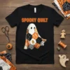 Black t-shirt with "Spooky Quilt" text and a patchwork ghost design, Halloween theme
