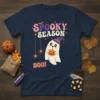 Spooky Season Boo! text with cute ghost and spiders on a navy t-shirt, perfect for Halloween lovers