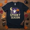 Spooky Season t-shirt with cartoon ghost, jack-o-lantern pumpkin, bats, and moon graphic