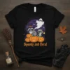 Spooky and Feral t-shirt design with two raccoons, pumpkins, and a ghost for Halloween