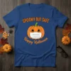 Spooky But Safe Happy Halloween t-shirt with a pumpkin wearing a white face mask and orange text