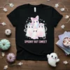 Spooky But Sweet t-shirt design featuring a group of cute pastel ghosts wearing flower crowns and a bow