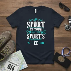 Navy t-shirt with white and teal text "Sport Is Your Sport's Punishment CC" and a paw print graphic