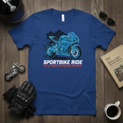 Sportbike Ride The Ultimate Adrenaline Machine text on a blue t-shirt featuring a blue wireframe sportbike graphic