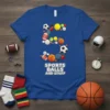 Blue t-shirt with "Sports Balls And Stuff" text and a large number 5 made of various sports balls like soccer