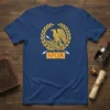 SPQR Roman Eagle T-Shirt with laurel wreath, crossed spears, and eagle emblem on navy blue shirt