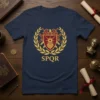 SPQR t-shirt with Roman eagle crest, swords, and laurel wreath emblem, navy blue background