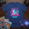 Spray The Sandman Away t-shirt design with pink and blue spray cans, colorful abstract background, and bold typography