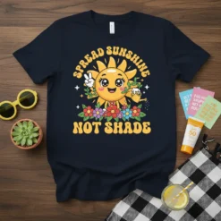 Retro sun graphic t-shirt with "Spread Sunshine Not Shade" text, peace sign, and watering can