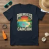 Spring Break 2026 Cancun t-shirt design featuring a sunset beach scene with a flamingo float and palm trees