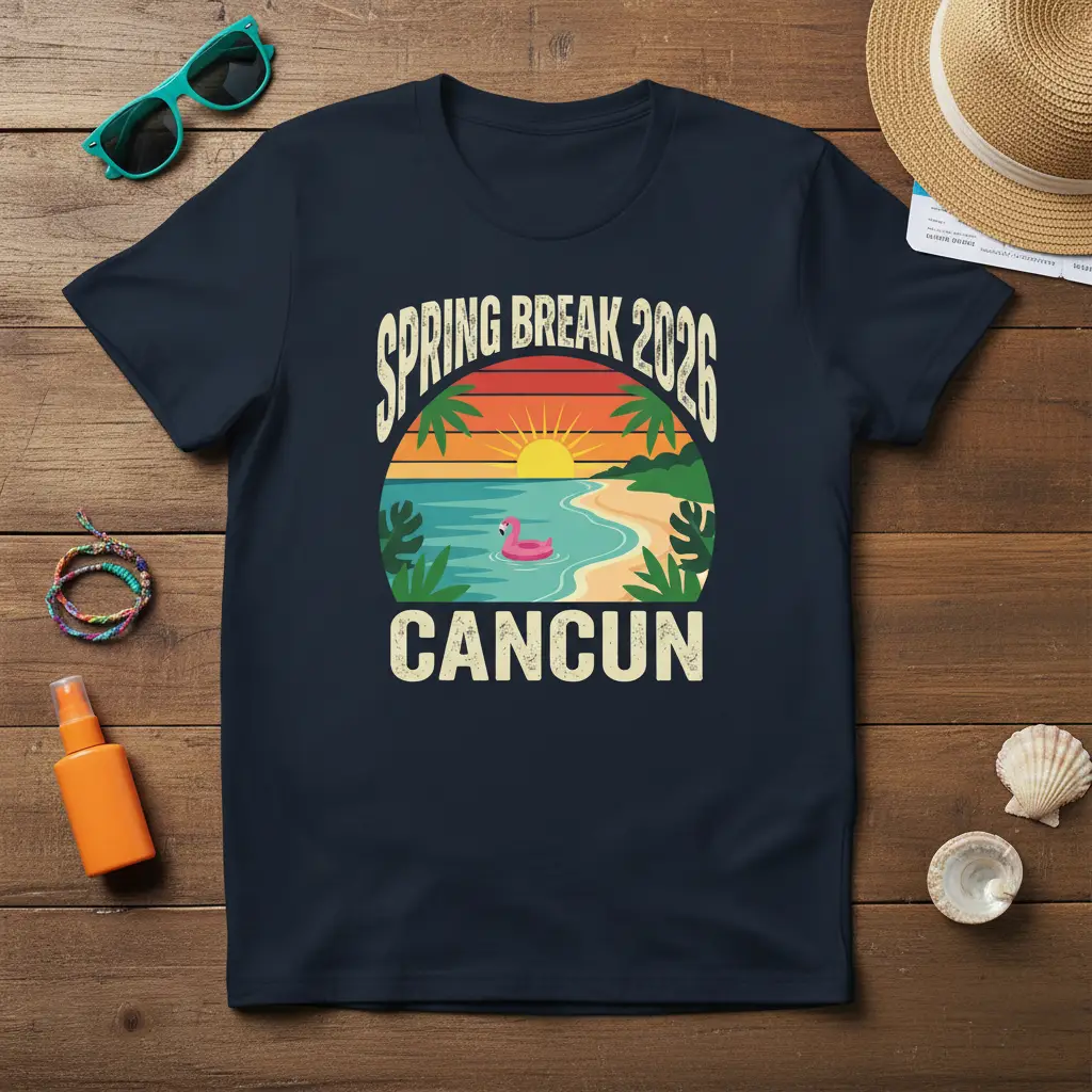 Spring Break 2026 Cancun graphic with tropical sunset, beach, ocean, and palm trees on a t-shirt