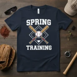 Spring Training Baseball T-Shirt featuring crossed bats, baseball, and home plate graphic with bold text
