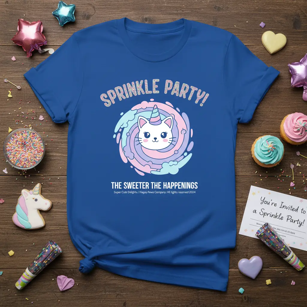 SPRINKLE PARTY! THE SWEETER THE HAPPENINGS detailed print printed on durable material creating a standout t-shirt