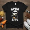 Spud Life t-shirt design featuring a cool potato character in sunglasses and a leather jacket, with bold white text