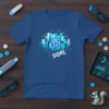 SQRL logo t-shirt featuring a blue and white futuristic city skyline with circuit board lines and the text SQRL