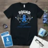 Black t-shirt with "SQUAD Support ALS Awareness" text, blue ribbon, heartbeat line, and butterflies graphic
