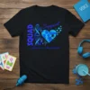 SQUAD Support Apraxia Awareness t-shirt featuring blue puzzle heart, DNA helix, and heartbeat graphic