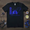 Black t-shirt with blue graphic "SQUAD Support ARDS Awareness" featuring lungs and awareness ribbon