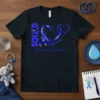 Black t-shirt with blue SQUAD Support Hydrocephalus Awareness text, heart, and ribbon graphic