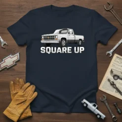 Square Up T-Shirt featuring a white classic square body pickup truck graphic and bold text