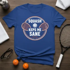 Squash Keps Me Sane t-shirt with two crossed squash rackets and a squash ball graphic in a circle