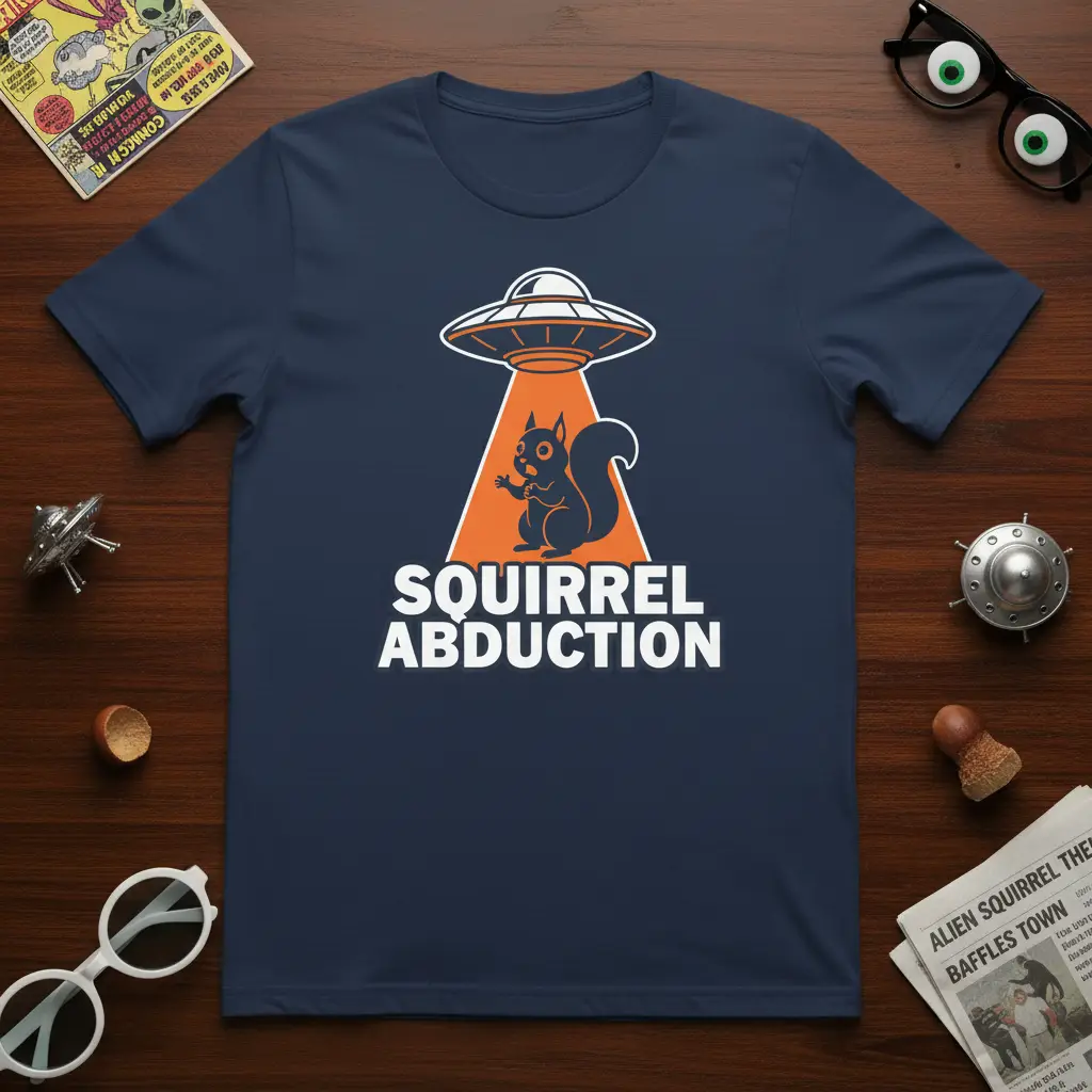 Squirrel Abduction t-shirt design with a cartoon squirrel and a UFO graphic