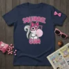 Squirrel Gum t-shirt design featuring a cute squirrel with glasses blowing pink bubblegum, text 'Squirrel Gum' in pink