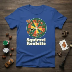 Squirrel Roulette T-Shirt design featuring a roulette wheel with squirrels and a car, text below reads "Squirrel Roulette"