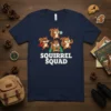 Squirrel Squad t-shirt design featuring four cute cartoon squirrels in various poses, with bold white text