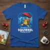 Squirrel wearing a yellow raincoat and red umbrella running through puddles with the text "Squirrel Weather Or Not"